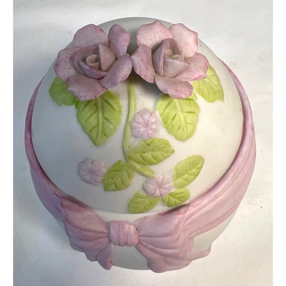Lefton 1984 Hand Painted Egg-Shaped Trinket Box With Pink Flowers & Bow Design - Picture 2 of 5
